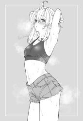 1girl ahoge armpits arms_behind_head arms_up blush breasts commentary_request cowboy_shot crop_top denim denim_shorts grey_background highres inset_border looking_ahead medium_hair navel original outside_border shorts simple_background small_breasts solo steam sweat taka_oedo tank_top twitter_username