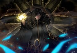 1girl absurdres alternate_eye_color binah_(project_moon) black_cape black_dress black_hair blue_eyes cape closed_mouth colored_inner_hair dress glowing glowing_hand hand_up highres library_of_ruina lips long_hair looking_at_viewer lubban magic multicolored_hair pillar project_moon smoke