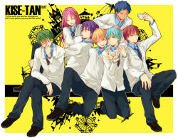 1girl 6+boys akashi_seijuurou aomine_daiki black_footwear blonde_hair blue_eyes blue_hair blue_necktie blue_pants blue_shirt border coat collared_shirt full_body green_hair kise_ryouta krk-anise kuroko_no_basuke kuroko_tetsuya long_sleeves midorima_shintarou momoi_satsuki multiple_boys murasakibara_atsushi necktie one_eye_closed open_mouth outside_border pants pink_hair purple_hair red_hair school_uniform shirt shoes sitting smile sweater teeth three-finger_salute v white_border white_coat white_sweater yellow_background yellow_eyes