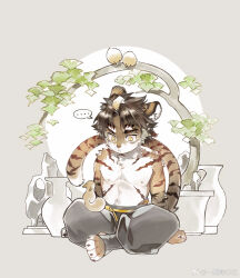 ... 1boy abs aged_down animal animal_ears animal_on_head animal_on_lap arknights bird chinese_commentary claws closed_eyes commentary_request furry furry_male highres huai_tianpei_(arknights) indian_style looking_at_animal male_focus nipples on_floor on_head on_lap pectorals sitting speech_bubble spoken_ellipsis squirrel tail tiger_boy tiger_ears tiger_stripes tiger_tail toned toned_male vase watermark weibo_watermark yi_tan_a_mi_ba