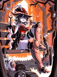 Rule 34 | 1girl, absurdres, andaerz, armor, armored boots, asymmetrical dual wielding, backpack, bag, bandaged arm, bandaged leg, bandages, bench, boots, breasts, cape, commentary, dagger, dang (runescape), day, dual wielding, duellist&#039;s cap (tier 6), english commentary, full body, gladiator, gloves, glowing hat, grass, grin, hat, highres, holding, holding dagger, holding knife, holding sword, holding weapon, knife, light blush, long hair, mage staff, medium breasts, old school runescape, on bench, orange eyes, original, outdoors, park, park bench, quiver, runescape, sitting, smile, solo, sparkle, staff of armadyl (runescape), sword, tree, weapon, wooden bench, yellow eyes