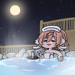 1girl bare_arms bare_shoulders blush brown_hair choko_(cup) closed_eyes cup full_moon genshin_impact hair_between_eyes highres holding holding_cup mokkyo_(motkyo) moon naked_towel night night_sky onsen open_mouth outdoors partially_submerged sky solo star_(sky) starry_sky tokkuri towel water wet yanfei_(genshin_impact)