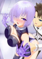 1boy 1girl against_glass ass bare_shoulders black_leotard black_pants black_thighhighs blue_eyes blush breast_press breasts brown_hair chaldea_uniform cleavage cleavage_cutout clothed_sex clothing_cutout collar collared_shirt elbow_gloves fate/grand_order fate_(series) fujimaru_ritsuka_(male) gloves guriguri_(arayotto4351) hair_over_one_eye hetero highleg highleg_leotard highres large_breasts leotard long_sleeves looking_at_viewer mash_kyrielight mash_kyrielight_(demi-servant) metal_collar open_mouth pants pink_hair purple_eyes purple_gloves sex sex_from_behind shirt short_hair thighhighs thighs white_shirt