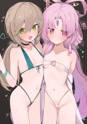 2girls absurdres blush breasts brown_hair choker collarbone eyes_visible_through_hair forehead_jewel fu_xuan_(honkai:_star_rail) green_eyes heart highres honkai:_star_rail honkai_(series) mikozin multiple_girls navel o-ring pink_eyes pink_hair qingque_(honkai:_star_rail) small_breasts sweat