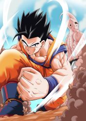 2boys aura biceps black_eyes black_hair cloud cloudy_sky colored_skin dragon_ball looking_back majin_buu multiple_boys muscular muscular_male pectorals pink_skin punching red_eyes scared serious sky ultimate_gohan