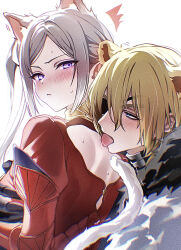 1boy 1girl animal_ears blonde_hair blush closed_mouth commentary_request dimitri_alexandre_blaiddyd dress edelgard_von_hresvelg eyepatch fire_emblem fire_emblem:_three_houses grey_hair hair_between_eyes hetero highres licking_another&#039;s_back licking_back long_sleeves looking_at_another looking_back nintendo notice_lines one_eye_covered puffy_long_sleeves puffy_sleeves red_dress sidelocks simple_background soma_otakuu tongue tongue_out white_background