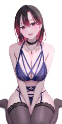 1girl absurdres bare_shoulders between_legs black_choker black_thighhighs blue_bra blue_panties blush bra breasts brown_hair choker colored_inner_hair commission garter_belt garter_straps hand_between_legs highres inaka_44 jewelry large_breasts looking_at_viewer multicolored_hair necklace open_mouth original panties pink_hair pixiv_commission simple_background sitting smile solo thighhighs underwear underwear_only wariza white_background