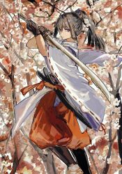 1boy ashashio bishounen black_hair flower hakama hakama_pants highres holding holding_sword holding_weapon houjou_tokiyuki_(nige_jouzu_no_wakagimi) japanese_clothes kariginu katana long_hair long_sleeves looking_at_viewer male_focus nige_jouzu_no_wakagimi pants ponytail purple_eyes red_hakama red_sash sash sheath sidelocks_tied_back smile solo sword weapon wide_sleeves