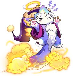 &gt;_&lt; 1other angel chibikemo closed_eyes dragon dragon_village_(series) dragon_village_collection feathered_wings furry game_cg halo hat klid_(dragon_village) klid_(executor)_(dragon_village) lowres nightcap official_art purple_robe robe sheep stretching third-party_source transparent_background trembling winged_halo wings yellow_wings