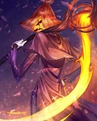 1boy black_pants blue_overalls brown_jacket commentary_request cowboy_shot embers from_behind gloves glowing glowing_eyes hand_on_own_hip hat holding holding_scythe jack-o&#039;-lantern_head jacket looking_at_viewer looking_back male_focus monster_boy original overalls pants patch profile scar scar_across_eye scar_on_face scarecrow scythe shinku_castle solo stitches straw_hat tabletop_rpg white_gloves