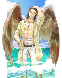1boy brown_wings cross_scar feathered_wings fire_emblem fire_emblem:_radiant_dawn highres male_focus muscular muscular_male nintendo pectorals pointy_ears scar scar_on_chest scar_on_face tibarn_(fire_emblem) to6tama wings