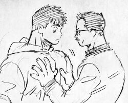 Rule 34 | 2boys, bara, billy russell (dickfish), couple, dickfish (fishismdick), facial hair, from side, graphite (medium), groping motion, hand up, highres, hood, hoodie, john rottweil (dickfish), large pectorals, male focus, mature male, motion lines, multiple boys, muscular, muscular male, mustache, original, pectoral grab, pectoral lift, pectorals, raised eyebrows, short hair, sideburns, sketch, thick eyebrows, traditional media, yaoi