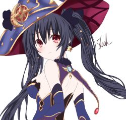 back back_muscles bare_shoulders black_hair breasts dress earrings embarrassed flustered frown gekijigen_tag:_blanc_+_neptune_vs_zombie_gundan genshin_impact hat highres jewelry long_hair medium_breasts mona_(genshin_impact) nepnep_connect:_chaos_chanpuru neptune_(series) nervous noire_(neptunia) red_eyes shaah_candidate tsundere twintails uncomfortable unsure vvvtune