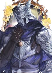 1boy absurdres armor belt black_cloak blue_surcoat cloak commentary elden_ring elden_ring_nightreign flower gloves hand_up helmet highres holding holding_pocket_watch mirror ovolinyu pocket_watch scale_armor solo upper_body watch white_background winged_helmet wylder_(elden_ring)