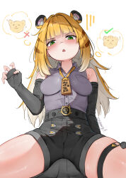 1girl absurdres animal_ear_fluff animal_ears black_gloves black_shorts blonde_hair blush bulge claw_pose colored_inner_hair commentary elbow_gloves erection erection_under_clothes fingerless_gloves girl_on_top gloves green_eyes grey_shirt hand_up high-waist_shorts highres ju_fufu long_hair looking_at_viewer multicolored_hair open_mouth shirt short_shorts shorts simple_background solo_focus speech_bubble straddling thigh_strap thighs thought_bubble tiger_ears tiger_girl vincent_leo white_background white_hair zenless_zone_zero