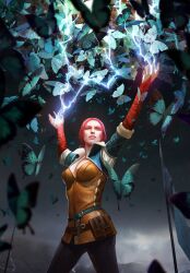 blue_butterfly bug butterfly gloves gwent_(game) highres insect magic night non-web_source pants red_gloves red_hair spell the_witcher_(series) triss_merigold witch