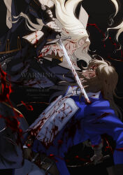 2boys alucard_(castlevania) belt black_coat blonde_hair blood blue_coat blue_eyes brown_hair castlevania:_symphony_of_the_night castlevania_(series) coat duel gloves highres holding holding_whip long_hair male_focus multiple_boys nakano_kaworu richter_belmont stab sword watermark weapon whip yellow_eyes