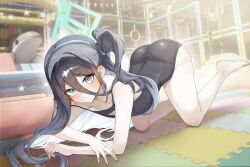Rule 34 | absurdres, aris (blue archive), ass, bare arms, bare shoulders, barefoot, black hair, black one-piece swimsuit, blue archive, blue eyes, blue halo, breasts, hair between eyes, halo, highres, long hair, looking at viewer, micasa tto, one-piece swimsuit, playground, puzzle, robot, robot girl, school swimsuit, side ponytail, small breasts, swimsuit, thighs