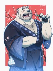 1boy animal_ears another_eidos-r artist_logo bara bear_boy bear_ears beard blue_kimono claws commentary cross_scar dango dated earrings english_commentary facial_hair facial_scar fangs food furry furry_male gamubear highres holding holding_skewer japanese_clothes jewelry kimono logo looking_at_viewer male_focus muscular muscular_male new_year notice_lines one_eye_closed open_mouth pawpads pectoral_cleavage pectorals pouch sanshoku_dango scar scar_across_eye scar_on_cheek scar_on_face sigvaldi_(another_eidos) single_earring skewer wagashi