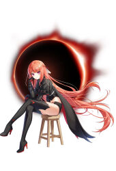 1girl black_boots black_gloves black_shirt black_shorts black_thighhighs boots braid cape closed_mouth closers crop_top crossed_legs full_body gloves hand_up high_heel_boots high_heels highres long_hair long_sleeves looking_at_viewer luna_aegis_(closers) midriff official_art orange_hair pink_eyes shirt short_shorts shorts simple_background sitting smile solo stool thigh_boots thighhighs thighs very_long_hair white_background