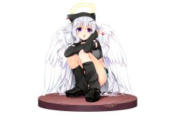 Rule 34 | 1girl, :o, angel, angel wings, animal ear headwear, animal ears, arrow hair ornament, belt, black belt, black choker, black hat, black shoes, black socks, blue shorts, blush, candy, cat ears, choker, convenient leg, eyes visible through hair, fake animal ears, feathered wings, food, full body, fuyuichi monme, grey hair, hair between eyes, hair ornament, halo, hand up, hat, highres, holding, holding candy, holding food, holding lollipop, kneehighs, lollipop, long hair, looking at viewer, loose socks, midriff, official art, open mouth, promotional art, purple eyes, ren&#039;ai hajimemashite, shoes, short shorts, shorts, sidelocks, simple background, sleeves past wrists, socks, solo, squatting, star (symbol), star hair ornament, straight hair, tenshi-chan (ren&#039;ai hajimemashite), thighs, transparent background, two side up, very long hair, white wings, wings, yellow halo