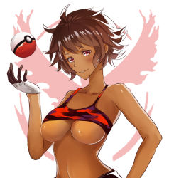 1girl alternate_costume blush breasts brown_hair candela_(pokemon) collarbone dark-skinned_female dark_skin gloves hand_on_own_hip large_breasts logo nintendo poke_ball poke_ball_(basic) pokemon pokemon_go red_eyes sakaraubito short_hair smile solo tank_top underboob upper_body white_background