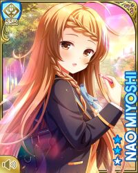 1girl blazer blue_bow blue_jacket blue_skirt bow bowtie braid brown_eyes brown_hair card character_name day girlfriend_(kari) jacket lipstick long_hair looking_at_viewer makeup miyoshi_nao official_art open_mouth outdoors plaid_clothes plaid_skirt qp:flapper school_uniform shirt skirt smile solo sunset tagme tree white_shirt