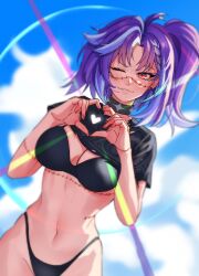 Rule 34 | 1girl, absurdres, backlighting, blush, breasts, highres, large breasts, looking at viewer, michi mochievee, multicolored hair, official alternate costume, original, purple hair, rodc art, smile, solo, two-tone hair, underwear, virtual youtuber, vshojo