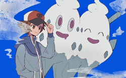 Rule 34 | 1boy, blue background, blue jacket, brown eyes, brown hair, closed mouth, commentary request, gen 5 pokemon, hand in pocket, hand on headwear, hand up, hat, hilbert (pokemon), hime (himetya105), hood, hood down, hooded jacket, jacket, long sleeves, male focus, nintendo, pokemon, pokemon (creature), pokemon bw, short hair, smile, vanilluxe, zipper pull tab