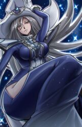 1girl blue_dress breasts dress gloves grey_hair hair_between_eyes hat highres hip_vent kipoju_(haya0kipoju) long_hair looking_at_viewer purple_eyes silent_magician tabard white_gloves white_hat white_tabard wizard_hat yu-gi-oh!
