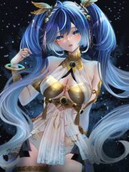 1girl ancient_greek_clothes bare_shoulders blue_eyes blue_hair breasts cleavage commentary cowboy_shot gold_bra gradient_hair greco-roman_clothes hair_ornament hand_up head_wreath highres iuno_(wuthering_waves) large_breasts light_blush long_hair looking_at_viewer multicolored_hair parted_lips solo sylphynia thighs twintails very_long_hair wuthering_waves