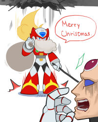 Rule 34 | 2boys, absurdres, armor, artist name, bag, blonde hair, ceiling, chest jewel, forehead jewel, full body, helmet, highres, holding, holding bag, male focus, mega man (series), mega man x (series), merry christmas, multiple boys, nao (gatita), red armor, red helmet, sigma (mega man), speech bubble, surprised, white beard, zero (mega man)
