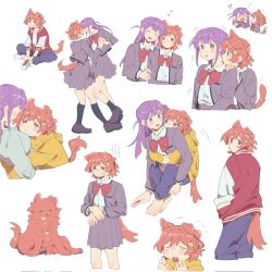 !? &gt;_&lt; 2girls :d :o ^^^ ^_^ aijou_karen animal_ears animalization ankle_socks arm_support barefoot between_legs black_socks blue_pants blunt_bangs blush bow bowtie breast_pocket brown_hair butterfly_sitting center-flap_bangs chinese_commentary closed_eyes closed_mouth collared_shirt commentary_request cropped_torso cross-laced_shoes crossed_legs crown_hair_ornament crying crying_with_eyes_open dancing dog dog_ears dog_girl dog_tail face-to-face front-to-back green_shirt grey_jacket grey_skirt grin hand_between_legs hand_in_pocket hand_on_own_wrist hands_up heads_together heart highres holding_hands hood hood_down hoodie hug hug_from_behind jacket kemonomimi_mode kneehighs leaning_on_person licking licking_another&#039;s_neck loafers long_hair looking_at_another looking_at_viewer looking_back miniskirt motion_lines multicolored_jacket multiple_girls multiple_views no_eyes nose_blush notice_lines open_clothes open_jacket open_mouth pants pleated_skirt pocket purple_eyes purple_hair purple_shoes red_bow red_bowtie red_eyes red_jacket rei931218 school_uniform seishou_music_academy_uniform shirt shirt_tucked_in shoes short_hair shoujo_kageki_revue_starlight side-by-side simple_background sitting skirt smile sneakers snot socks swept_bangs tail tears tongue tongue_out tsuyuzaki_mahiru two-tone_jacket two_side_up v_arms wavy_mouth white_background white_shirt white_sleeves yellow_hoodie yuri