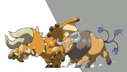 Rule 34 | blacknirrow, closed mouth, creatures (company), crossover, diablos, game freak, gen 1 pokemon, grey background, grey horns, highres, horns, monster, monster hunter (series), multiple tails, nintendo, no humans, open mouth, outline, pokemon, pokemon (creature), red eyes, simple background, tail, tauros, tusks, two-tone background, v-shaped eyes, white background, white outline