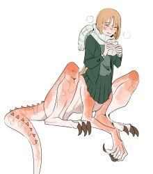 1girl blonde_hair blush borrowed_character claws closed_eyes commentary_request dinosaur_girl eating food full_body green_jacket green_skirt highres jacket monster_girl original riseidokokana scarf simple_background sitting skirt solo steam steamed_bun striped_clothes striped_scarf taur white_background