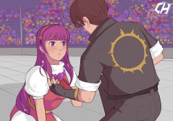 1boy 1girl asamiya_athena blushing_female charlyarts fingerless_gloves gloves hair_ornament helping helping_hand idol kusanagi_kyou psycho_soldier snk star_(symbol) star_hair_ornament sun the_king_of_fighters the_king_of_fighters_&#039;95