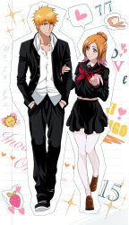 1boy 1girl absurdres black_pants black_skirt bleach bread brown_eyes couple food fruit hands_in_pockets highres holding holding_phone inoue_orihime kurosaki_ichigo looking_at_another multicolored_hair orange_hair pants phone ponytail rozuberry school_uniform shoes short_hair skirt strawberry streaked_hair thighhighs white_thighhighs