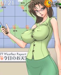 1girl breasts brown_hair clock colored_skin covered_erect_nipples digital_clock female_focus glasses green_skin huge_breasts jpeg_artifacts long_hair mokusa original pointer sleeveless solo weather