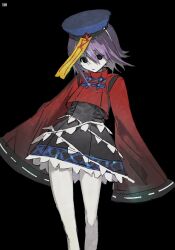 Rule 34 | 1girl, adapted costume, black bag, black dress, black eyes, blue headwear, cerevevisiae, closed mouth, colored skin, commentary, detached sleeves, dress, empty eyes, expressionless, feet out of frame, hair between eyes, highres, jacket, jiangshi, long bangs, looking at viewer, miyako yoshika, ofuda, pillbox hat, purple hair, red jacket, red sleeves, ribbon-trimmed sleeves, ribbon trim, short dress, short hair, simple background, sleeves past fingers, sleeves past wrists, solo, standing, touhou, white skin, wide sleeves