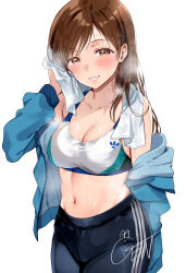 Rule 34 | 1girl, blue jacket, blue pants, blush, breasts, brown eyes, brown hair, cleavage, collarbone, gen (enji), highres, idolmaster, idolmaster cinderella girls, jacket, long hair, looking at viewer, medium breasts, midriff, navel, nitta minami, open clothes, open jacket, pants, smile, solo, sports bra, sweat, swept bangs, towel, towel around neck, track pants, white sports bra