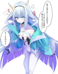 1girl blue_eyes blue_hair blush breasts cleavage collarbone eudie_(shadowverse) gloves hair_between_eyes hair_ornament looking_at_viewer mamezou_(tzakki023) navel open_mouth shadowverse shadowverse:_worlds_beyond simple_background small_breasts translation_request white_background