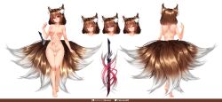 1futa absurdres airi_(floofytail) animal_ear_fluff animal_ears breasts brown_hair brown_tail reference_sheet commission commissioner_upload erection fox_ears fox_girl fox_tail futanari hair_between_eyes highres kitsune likunea medium_breasts multiple_tails nude original penis red_eyes short_hair smile sword tail testicles uncensored weapon