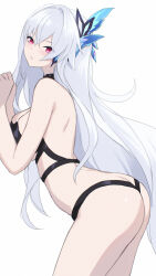 Rule 34 | 1girl, ass, bikini, black bikini, breasts, cait aron, genshin impact, grey background, hair ornament, highres, long hair, looking at viewer, medium breasts, red eyes, simple background, skirk (genshin impact), solo, swimsuit, white hair