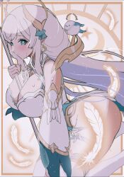 1girl artist_request between_breasts bird blue_eyes blue_ribbon blush breasts closed_mouth crescent falling_feathers feathers grey_hair hair_ornament hair_ribbon highres hikanari_hina large_breasts long_hair phase_connect ribbon solo sparkling_eyes star_(symbol) sweat virtual_youtuber white_feathers wing_hair_ornament