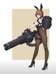1girl absurdres ahoge ammunition_belt animal_ears breasts chest_harness covered_navel detached_collar drum_magazine fake_animal_ears fake_tail fingerless_gloves full_body gloves gun harness headset high_heels highleg highleg_leotard highres holding holding_gun holding_weapon holster large_breasts leotard looking_at_viewer machine_gun magazine_(weapon) orange_hair original pantyhose playboy_bunny rabbit_ears rabbit_tail red_eyes science_fiction short_hair solo standing strapless strapless_leotard tactical_playboy_bunny tail tanke_laide thigh_holster very_short_hair weapon wrist_cuffs