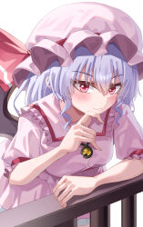 1girl absurdres blush closed_mouth dress fang hair_between_eyes hat highres long_hair looking_at_viewer mahoro_(minase_mahoro) pink_dress pink_hat purple_hair red_eyes remilia_scarlet skin_fang solo touhou wings