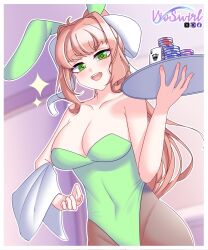 Rule 34 | 1girl, animal ears, artist name, breasts, brown hair, cleavage, commentary, detached collar, doki doki literature club, english commentary, facebook logo, fake animal ears, green eyes, green leotard, highres, large breasts, leotard, long hair, looking at viewer, monika (doki doki literature club), open mouth, pantyhose, pixiv logo, playboy bunny, poker chip, rabbit ears, rabbit girl, smile, solo, sparkle, teeth, tray, twitter x logo, upper teeth only, vioswirl