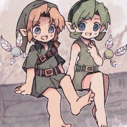 1boy 1girl ankomochi_(tomatoaaa) barefoot belt blonde_hair blue_eyes fairy foot_out_of_frame green_hair green_hat hand_on_own_chest hat highres light_blush link navi nintendo open_mouth parted_bangs pointy_ears saria_(zelda) short_hair short_sleeves shoulder_belt sidelocks sitting smile the_legend_of_zelda the_legend_of_zelda:_ocarina_of_time