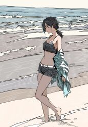 Rule 34 | 1girl, bare shoulders, barefoot, beach, black hair, cloud, cloudy sky, dark skin, haruxxxsanekaki, highres, horizon, ocean, original, outdoors, sand, shorts, sky, solo, standing, swimsuit, water, waves
