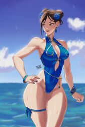Rule 34 | 1girl, absurdres, artist logo, blue flower, blue nails, breasts, capcom, casual one-piece swimsuit, chun-li, cleavage, cleavage cutout, clothing cutout, double bun, feet out of frame, flower, hair bun, hair flower, hair ornament, hand on own hip, highleg, highleg one-piece swimsuit, highres, horizon, large breasts, logo, looking to the side, mandarin collar, mavrii, ocean, official alternate costume, one-piece swimsuit, solo, street fighter, street fighter 6, swimsuit, thigh strap